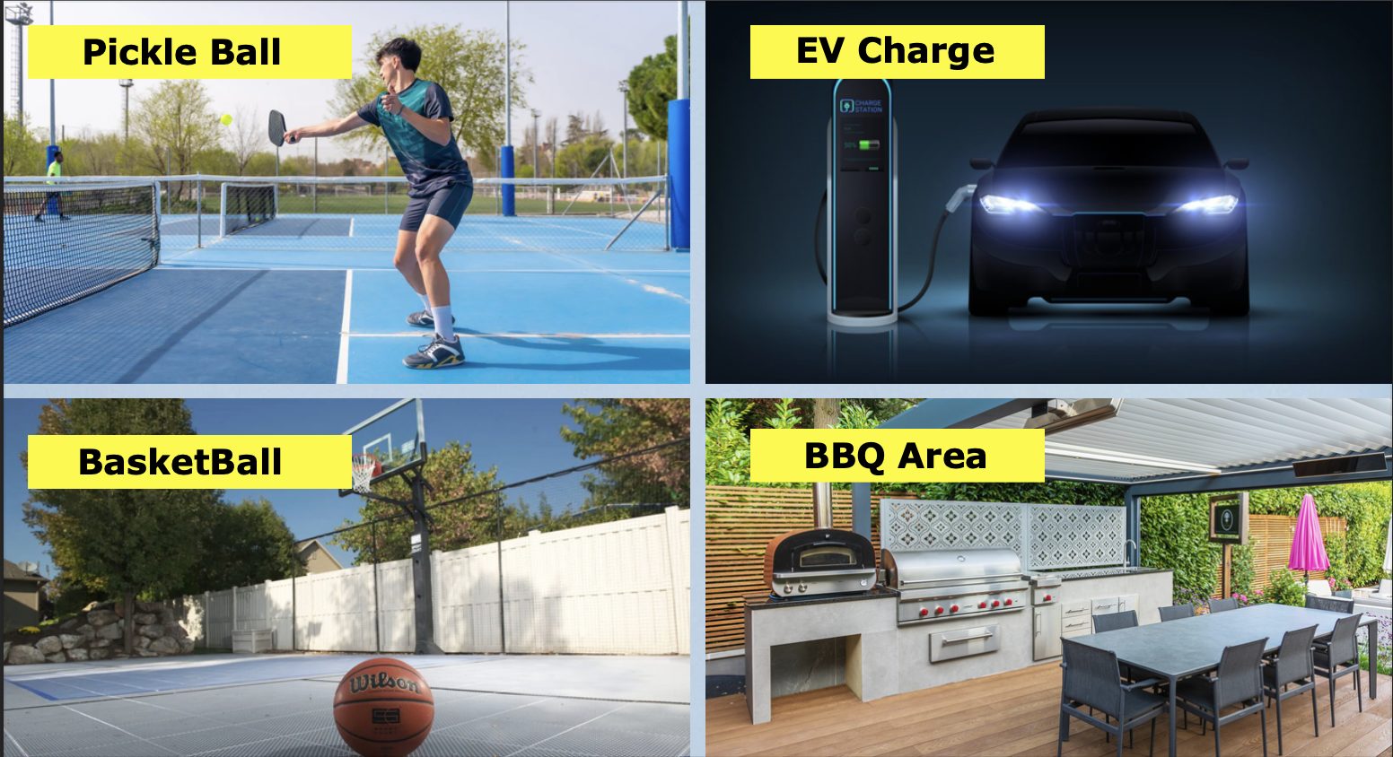 Veranda Residences pickleball, basketball, EV charge and BBQ area